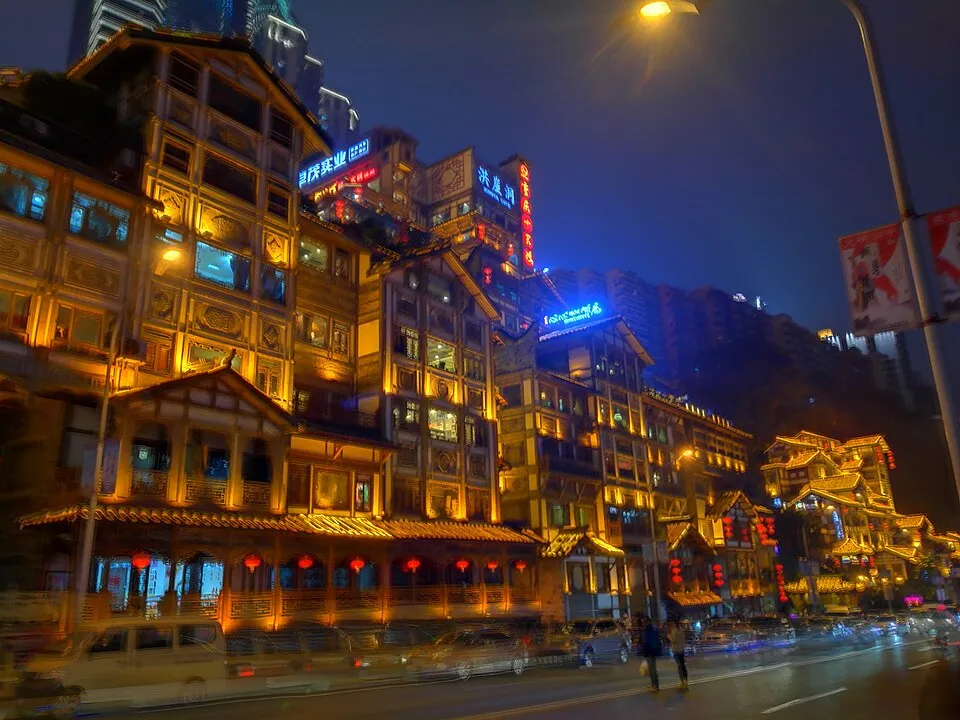 Illuminated Hongyadong buildings in Chongqing at night