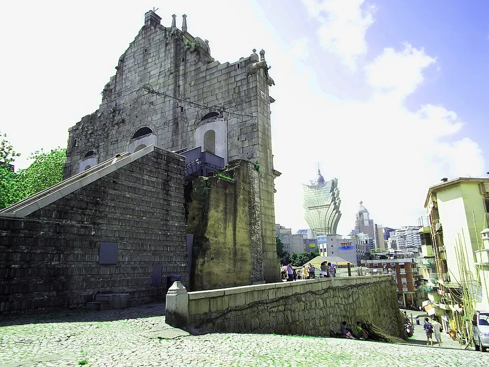 The rear of the Ruins of St. Paul’s facade with Macao’s skyline beyond