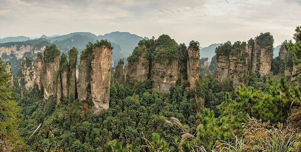 Sandstone peaks and green forest at Huangshizhai in Wulingyuan